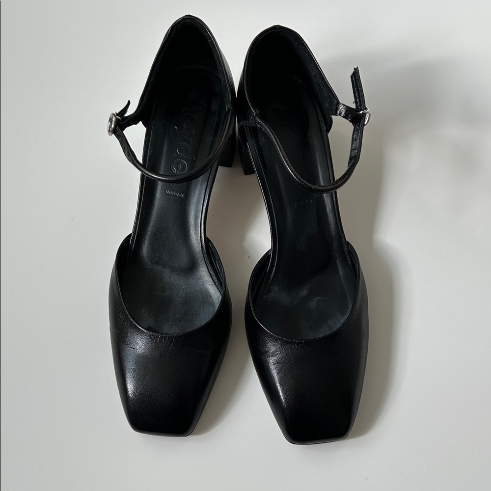 Aeyde Black Square-Toe Heels with Ankle Strap